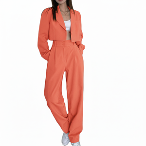 Women Two Piece Sweatsuit Slim Fit Cropped Jacket <b>Matching</b> High Rise <b>Joggers</b> Jersey Knit Sportswear <b>Set</b> - Product Image 3