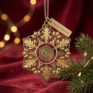 Ornement de Noël personnalisé en laiton antique, motif feuille de chêne et gland, médaille monogramme en filigrane, étiquette logo métallique, pendentif de fête, vente en gros - Product Image 1