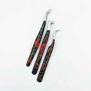 Handmade Professional Beauty <b>Applicator</b> Premium Quality Solid Stainless Steel <b>Eyelash</b> Tweezers Black Glitter Rubber Coated - Product Image 1