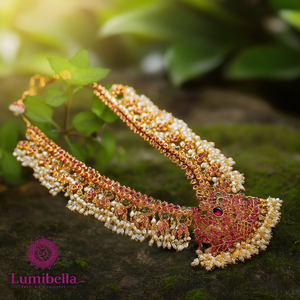 Guttapusalu Kempu Haram-Luxury Gold Plated Bridal Ruby Jewelry Set - Product Image 3