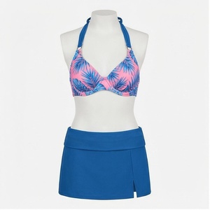 Women's 2 Piece Tankini Set Halter Top With Plant Print And Blue <b>Skirt</b> Bottom Regular Fit Spandex Polyester Swimwear - Product Image 1