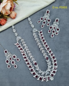Double Layered Radiant Cut Stone Stuuded Fashion Necklace <b>Set</b> With Matching Earring Mang Tika Silver Plated Jewelry <b>Set</b> Supplier - Product Image 3