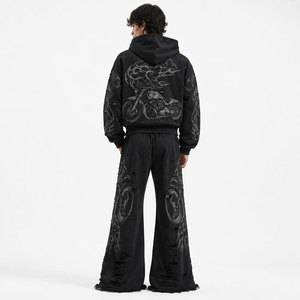Survêtement noir à capuche pour homme, coupe ample, imprimé moto, streetwear, fermeture éclair sur le devant, taille élastique, pantalon de jogging, collection automne - Product Image 3