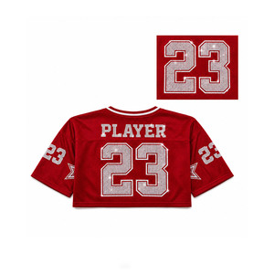 Wholesale <b>Red</b> Boxy Rhinestone Crop <b>Top</b> Women American Football Jersey Breathable Mesh V Neck <b>Sparkly</b> Sports Tee Custom Branding - Product Image 1