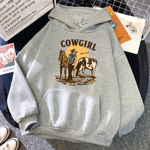 Sudaderas con capucha para mujer, nueva calidad, diseño 'La Vaquera y su Vaca y Caballo Viven en el Oeste', estilo Hip Hop urbano, cuello redondo con bolsillo - Product Image 4