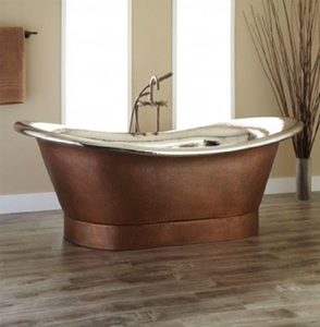 Bañera de cobre estilo vintage con pátina envejecida y patas decorativas doradas, disponible a precios de mayorista. - Product Image 3