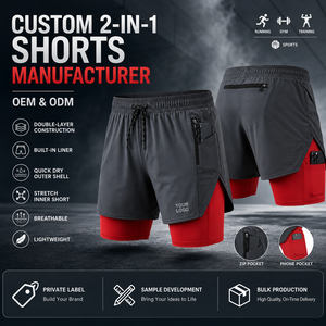Short de sport deux-en-un pour homme avec doublure intérieure respirante et poche zippée, rouge et gris - Product Image 6