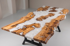 Table à manger moderne en bois de noyer avec bord naturel et résine, pieds en bois, forme rectangulaire, meuble artisanal pour la maison, 4 places - Product Image 4