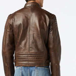 Men's Brown PU Casual Solid Dyed Moto Jacket <b>Turtleneck</b> Collar Zipper Closure Regular Fit Winter Wear - Product Image 3