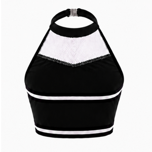 Haut court de cheerleading noir et blanc sans manches pour femmes et filles, idéal pour l'entraînement sportif et les uniformes de performance athlétique. - Product Image 2
