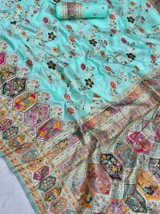 Sari de seda pashmina suave con borde de tejido Zari elaborado y blusa con estampado Butti. - Product Image 4