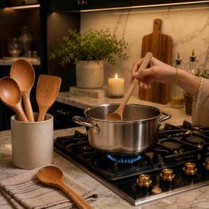 Ustensiles de cuisine en bois d'acacia naturel poli à la main, design moderne, écologiques, lavables au lave-vaisselle, cuillères, spatules, cuisine - Product Image 5