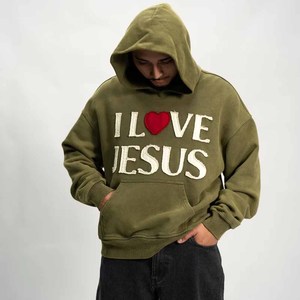 Sudadera con Capucha I Love Jesus God Blessed Christian, de Algodón Grueso, Estilo Vintage, Bordada - Product Image 3
