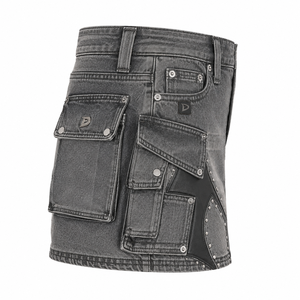 Gothic Armor Denim <b>Skirt</b> for Women, <b>Silver</b> Grey Low Rise Cargo <b>Mini</b> <b>Skirt</b> with Rhinestones, Streetwear Utility Style - Product Image 3