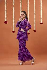 <b>Women</b>’s Purple Printed Georgette <b>Kurta</b> Sharara Set | Fully Stitched 2-Piece Festive Ethnic Wear - Product Image 4
