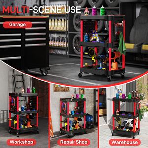 "200 LBS Capacity 3-Tier Rolling <b>Tool</b> <b>Cart</b> with Side Shelves <b>for</b> Garage & Workshop Black&Red" - Product Image 6