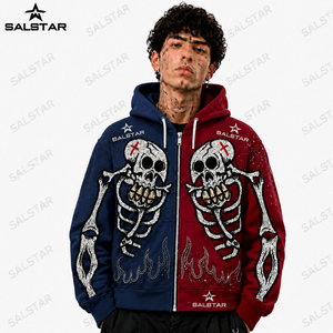 Custom Blue Red <b>Skeleton</b> <b>Hoodie</b> Men's Gothic Rhinestone Embroidered <b>Zip</b> <b>Up</b> Hooded Sweatshirt Streetwear Fashion - Product Image 4