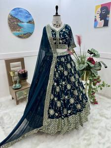 Conjunto de Lehenga Bordado Azul Oscuro, Vestido de Novia Indio Pakistaní, Dupatta de Tela, Traje Nupcial Floral - Product Image 1