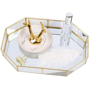 <b>Mirrored</b> Storage <b>Tray</b> With Gold Frame Polygon Shape Modern Luxury Design For Desk Jewelry Organization - Product Image 5