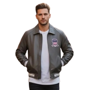 Veste de baseball style Avirex grise, livraison directe, New York, États-Unis |   Cuir de vache véritable, cuir de vachette de qualité supérieure et taille personnalisée sur mesure - Product Image 2