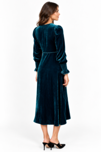 Vestido midi de terciopelo verde azulado para mujer, cuello en V, mangas largas abullonadas, vestido con botones en la parte delantera y corte en A - Product Image 6