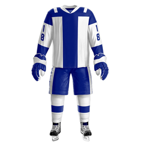 Uniforme de Hockey sobre Hielo Unisex 2026, Blanco con Rayas Azules, Manga Larga, Cuello en V, Transpirable, Absorbe la Humedad, Impresión por Transferencia de Calor, 100% - Product Image 1