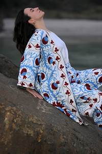 Casual And Relaxed Occasions Suzani Embroidered White Handwoven Women's Cotton Jacket & Pant Cord <b>Set</b> With Pocket & Flare Sleeve - Product Image 2