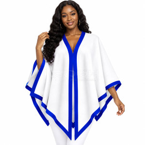 Poncho décontracté Cosh International Sorority Sisterhood blanc avec bordure bleue, col en V, manches chauve-souris, respirant, toutes saisons - Product Image 1