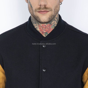 Veste universitaire noire pour homme avec manches en cuir marron, col montant décontracté, boutonnage frontal, manteau d'hiver style Letterman - Product Image 5