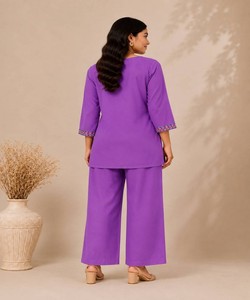 <b>Women</b> Purple Cotton Embroidered <b>Kurta</b> Pant Set Traditional Loose Fit Ankle Length Casual Wear India Pakistan Style 86722 AARVI - Product Image 2