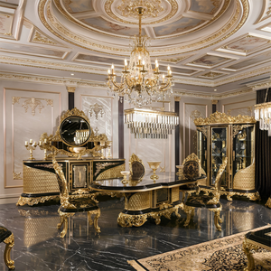 ชุดเฟอร์นิเจอร์ห้องรับประทานอาหาร 8 ชิ้น สีดำทองโบราณสุดหรู โต๊ะรับประทานอาหารไม้แกะสลักสไตล์ราชวงศ์ ระดับไฮเอนด์ สำหรับบ้านพักตากอากาศ วิลล่า โรงแรมสไตล์ยุโรป - Product Image 1