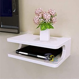 Estante de pared de madera con caja superior integrada |   Soporte para TV Box para el Hogar |   Soporte de pared elegante para router Wi-Fi y mueble de TV (blanco) - Product Image 3