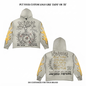 Sweat à capuche surdimensionné en molleton brossé de coton premium 400 GSM, gris clair, imprimé flamme, avec logo personnalisé sur le devant, respectueux de l'environnement - Product Image 1