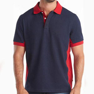 Men's <b>Navy</b> Red Color Blocked Short Sleeve Cotton Pique <b>Polo</b> <b>Shirt</b> Regular Fit Casual Breathable Knitted Solid Design - Product Image 1