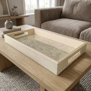 Plateau de service en similicuir avec poignées, plateau décoratif brodé de fleurs pour le thé, le café, le petit-déjeuner, la décoration de table ottoman - Product Image 3