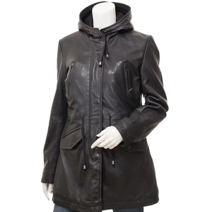 Women's Black Genuine Leather Hooded Moto Jacket With Zipper Closure And Pockets Autumn Style - Product Image 1