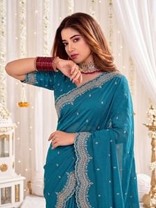 AARA Fashion Sari de Seda Azul Verdoso con Borde Bordado y Blusa para Boda, Elegante, Largo hasta el Suelo, Ropa India y Pakistaní para Mujer - Product Image 4