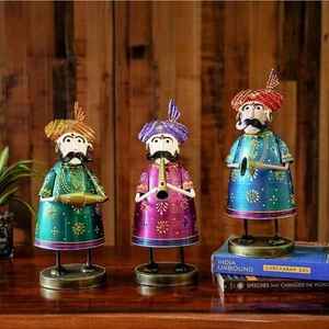 Juego de 3 Estatuas Artesanales de Metal de Músicos Rajasthani, Arte Folclórico Tradicional Colorido para Decoración del Hogar y Regalos de Oficina - Product Image 3