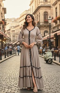 Cross-border French Niche Vintage Wave <b>Pattern</b> Stitching Lace-up Lantern Sleeve <b>Tight</b> Waist Summer Anti-Static Wear Maxi Dress - Product Image 5