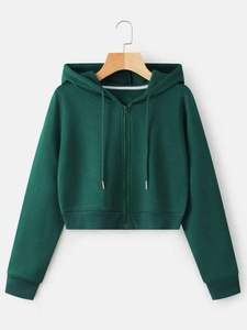 OEM Plus Size <b>Black</b> Zip Up Hoodie Women <b>Crop</b> <b>Top</b> <b>Long</b> <b>Sleeve</b> Knitted Pullover with Pockets - Product Image 3