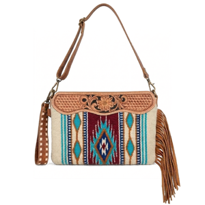 Vintage Geometric Kilim Basketweave <b>Leather</b> Lady Handbag | Genuine <b>Leather</b> <b>Tooled</b> Fringe Shoulder Bag | Ethnic Western Clutch - Product Image 1