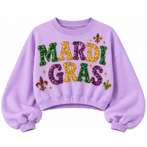 Elegante Sudadera Corta Transpirable para Mujer con Lentejuelas Lavanda, Cuello Redondo con Letras de Mardi Gras y Mangas Abullonadas - Product Image 1