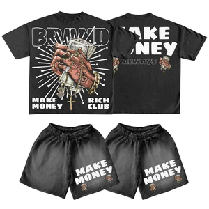 Ensemble T-shirt et short streetwear hip-hop personnalisé pour homme – Respirant, 100 % coton, impression DTG/sérigraphie, 2 pièces, effet délavé soleil, idéal été - Product Image 1