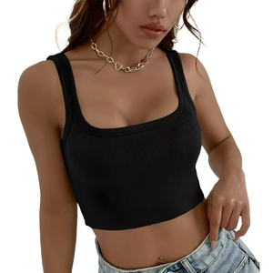Women <b>Black</b> Rib Knit Regular <b>Tank</b> <b>Top</b> Scoop Neck Sleeveless Slim Fit Solid Color Casual Breathable Front Logo 92% Polyester - Product Image 1