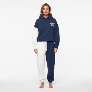 Ensemble de survêtement décontracté pour femme en molleton de coton épais, bicolore, coupe oversize, avec sweat à capuche à épaules tombantes et pantalon de jogging à manches longues - Product Image 1