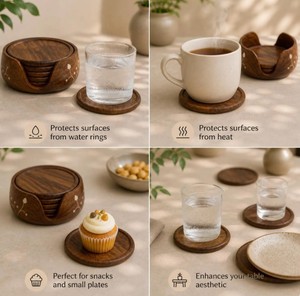 Handcrafted Floral Inlay Wood <b>Coaster</b> <b>Set</b> of 6 with Holder Round Wooden Drink <b>Coasters</b> for Coffee Table Luxury Home Decor Gift - Product Image 5