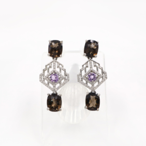 Women's 925 <b>Sterling</b> <b>Silver</b> Natural Amethyst Smoky Quartz Punk Style Pendant <b>Earring</b> <b>Set</b> Rhodium Anniversary Gift Engagement - Product Image 3