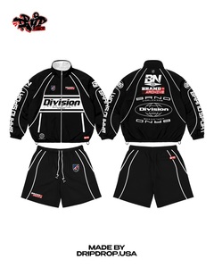 <b>Black</b> Division Sports Wear Jacket Shorts Set | Oversized Zip <b>Windbreaker</b> & Shorts | Brand Archive Streetwear Matching Set OEM - Product Image 1