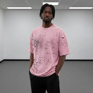 New Article Pink Oversized Short Sleeve T-<b>Shirt</b> With Black Splatter Print Front <b>Flame</b> Logo Street Style O-Neck Men's Cotton - Product Image 2