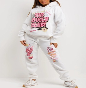 Econex Sports 2025 Coton Confortable Vente en gros Femmes Jogging Training Wear Survêtement à capuche Jogger Set Graphic Print White - Product Image 5